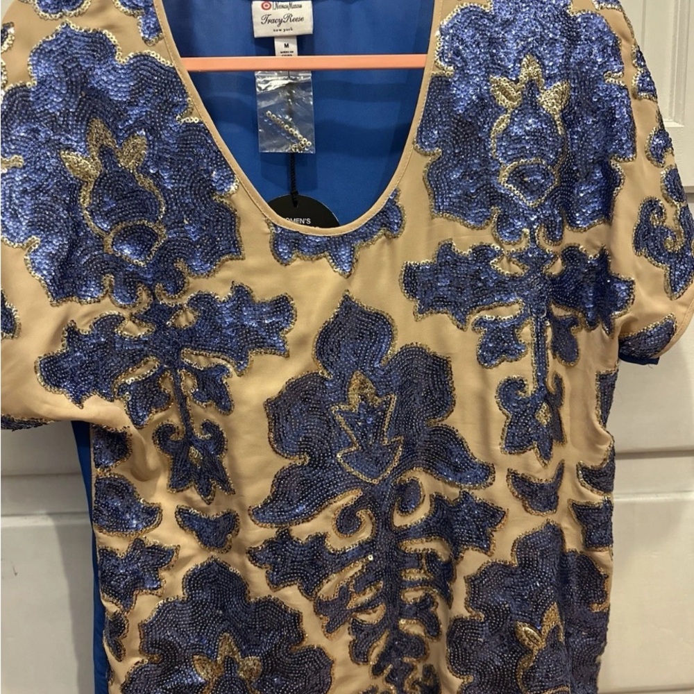Tracy Ross for Neiman Marcus ladies  Sequin Top Blue Beige Dressy M